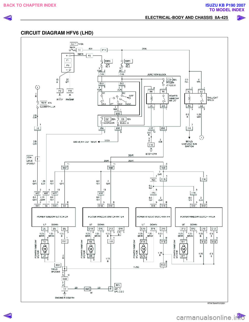 ISUZU KB P190 2007  Workshop Repair Manual ELECTRICAL-BODY AND CHASSIS  8A-425 
 
CIRCUIT DIAGRAM HFV6 (LHD)  
  
  
RTW 78AXF015301 
 
BACK TO CHAPTER INDEX
TO MODEL INDEXISUZU KB P190 2007 