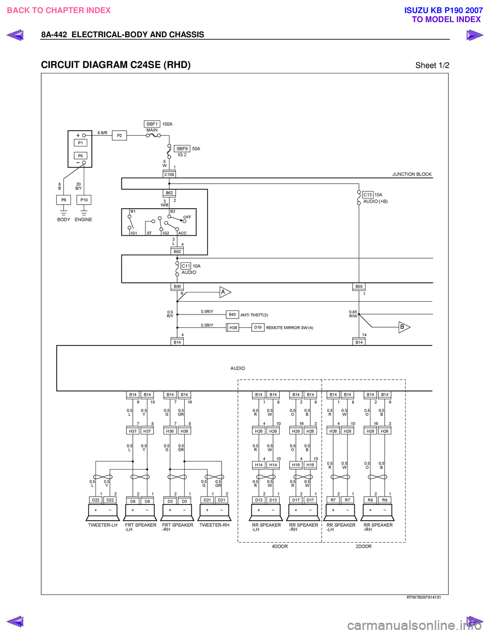 ISUZU KB P190 2007  Workshop Repair Manual 8A-442  ELECTRICAL-BODY AND CHASSIS 
 
CIRCUIT DIAGRAM C24SE (RHD) Sheet 1/2 
   
 
 
 
 
 
 
RTW 780XF014101 
 
BACK TO CHAPTER INDEX TO MODEL INDEXISUZU KB P190 2007 