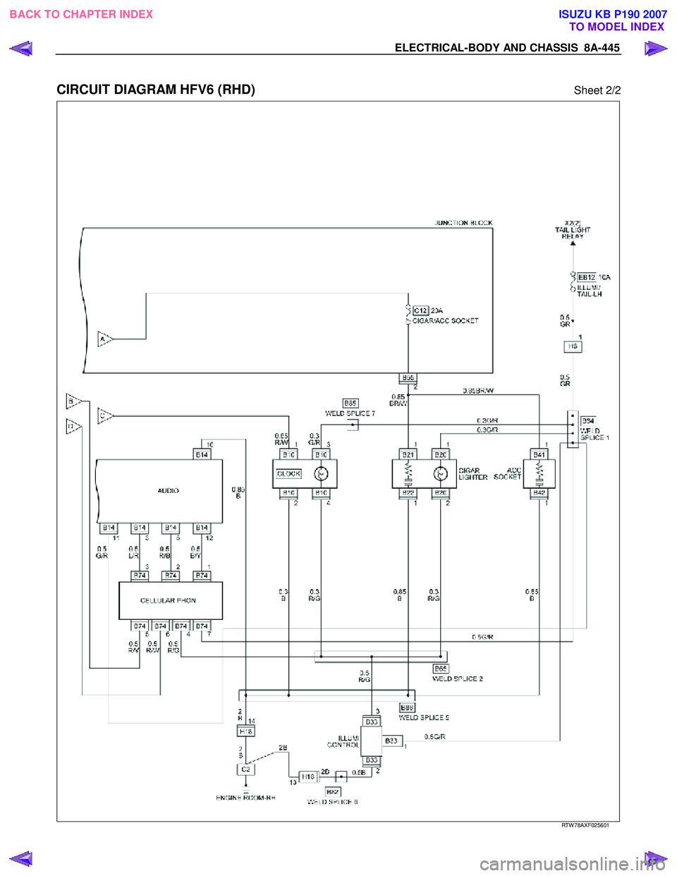 ISUZU KB P190 2007  Workshop Repair Manual ELECTRICAL-BODY AND CHASSIS  8A-445 
 
CIRCUIT DIAGRAM HFV6 (RHD) Sheet 2/2 
   
 
 
 
 
 
 
 
 
 RTW 78AXF025601 
 
BACK TO CHAPTER INDEX TO MODEL INDEXISUZU KB P190 2007 
