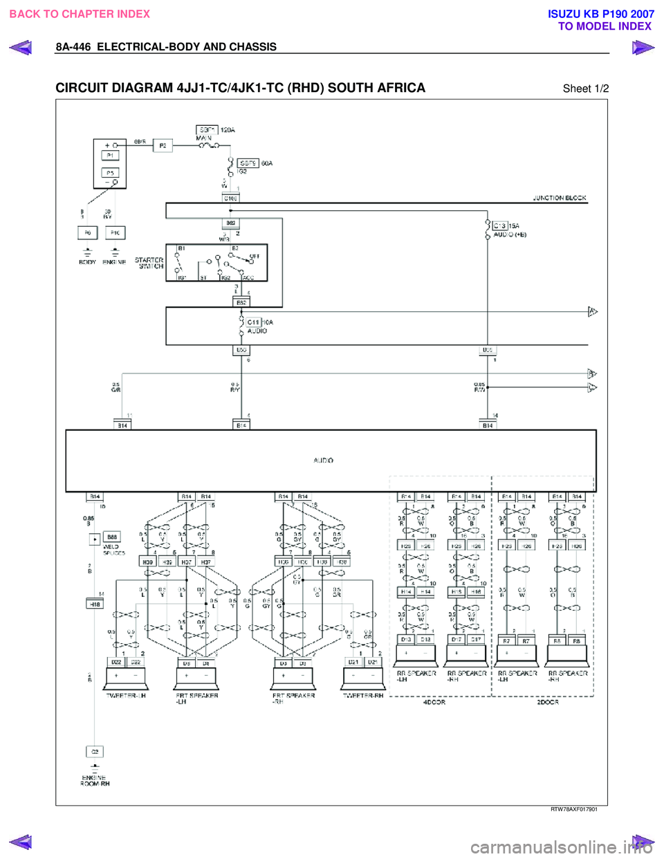 ISUZU KB P190 2007  Workshop Repair Manual 8A-446  ELECTRICAL-BODY AND CHASSIS 
 
CIRCUIT DIAGRAM 4JJ1-TC/4JK1-TC (RHD) SOUTH AFRICA Sheet 1/2 
   
 
 RTW 78AXF017901 
 
BACK TO CHAPTER INDEX TO MODEL INDEXISUZU KB P190 2007 