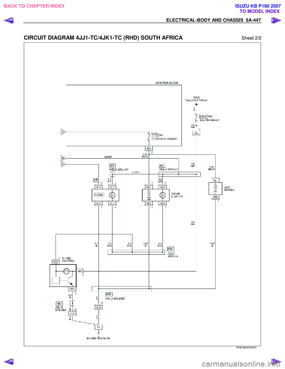 ISUZU KB P190 2007  Workshop Repair Manual ELECTRICAL-BODY AND CHASSIS  8A-447 
 
CIRCUIT DIAGRAM 4JJ1-TC/4JK1-TC (RHD) SOUTH AFRICA Sheet 2/2 
   
 
 
 
 
 
 
 
 
RTW 78AXF018101 
 
BACK TO CHAPTER INDEX TO MODEL INDEXISUZU KB P190 2007 