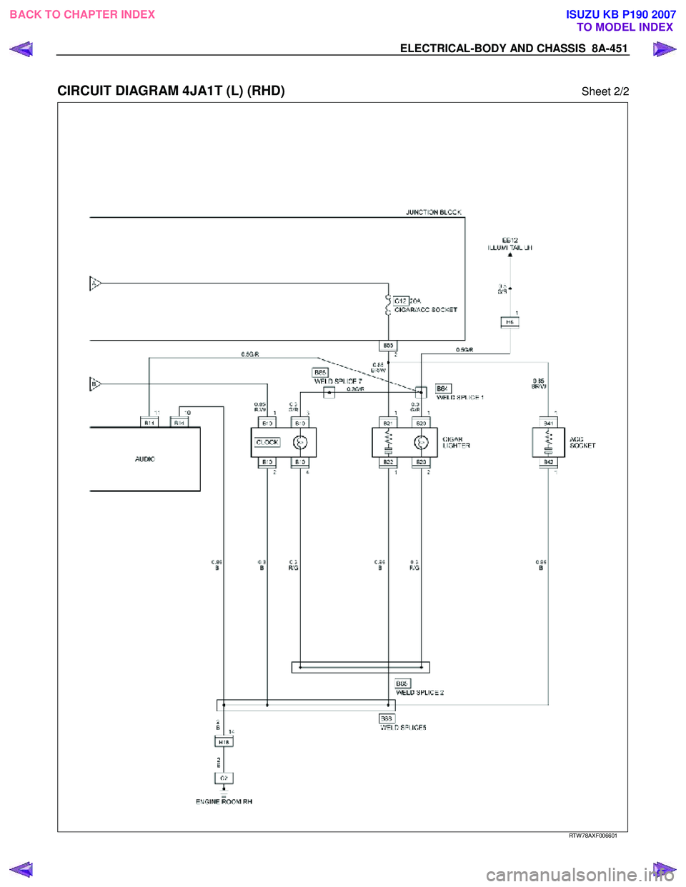 ISUZU KB P190 2007  Workshop Repair Manual ELECTRICAL-BODY AND CHASSIS  8A-451 
 
CIRCUIT DIAGRAM 4JA1T (L) (RHD) Sheet 2/2 
   
 
 
 
 
 
 
 
 
 
 
RTW 78AXF006601 
 
BACK TO CHAPTER INDEX TO MODEL INDEXISUZU KB P190 2007 