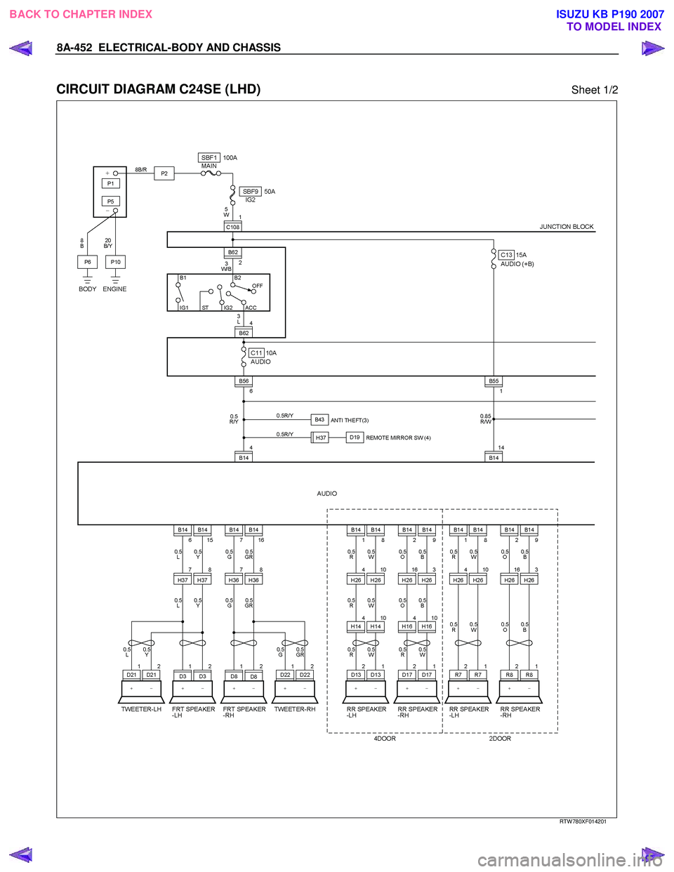 ISUZU KB P190 2007  Workshop Repair Manual 8A-452  ELECTRICAL-BODY AND CHASSIS 
 
CIRCUIT DIAGRAM C24SE (LHD) Sheet 1/2 
   
 
 
 
 
 
RTW 780XF014201 
 
BACK TO CHAPTER INDEX TO MODEL INDEXISUZU KB P190 2007 