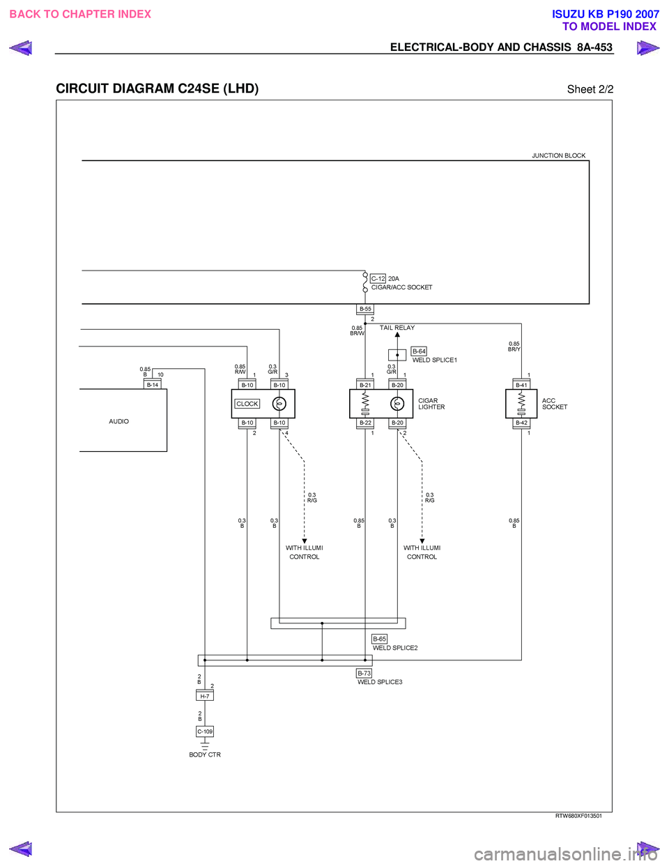 ISUZU KB P190 2007  Workshop Repair Manual ELECTRICAL-BODY AND CHASSIS  8A-453 
 
CIRCUIT DIAGRAM C24SE (LHD) Sheet 2/2 
   
 
 
 
 
 
RTW 680XF013501 
 
 
BACK TO CHAPTER INDEX TO MODEL INDEXISUZU KB P190 2007 