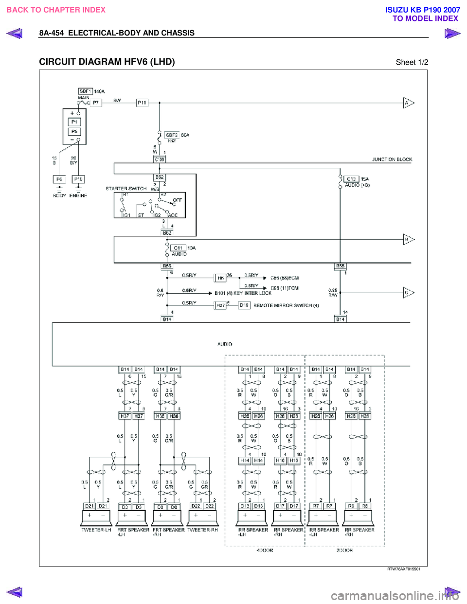 ISUZU KB P190 2007  Workshop Repair Manual 8A-454  ELECTRICAL-BODY AND CHASSIS 
 
CIRCUIT DIAGRAM HFV6 (LHD) Sheet 1/2 
   
 
 
 
RTW 78AXF015501 
 
BACK TO CHAPTER INDEX TO MODEL INDEXISUZU KB P190 2007 