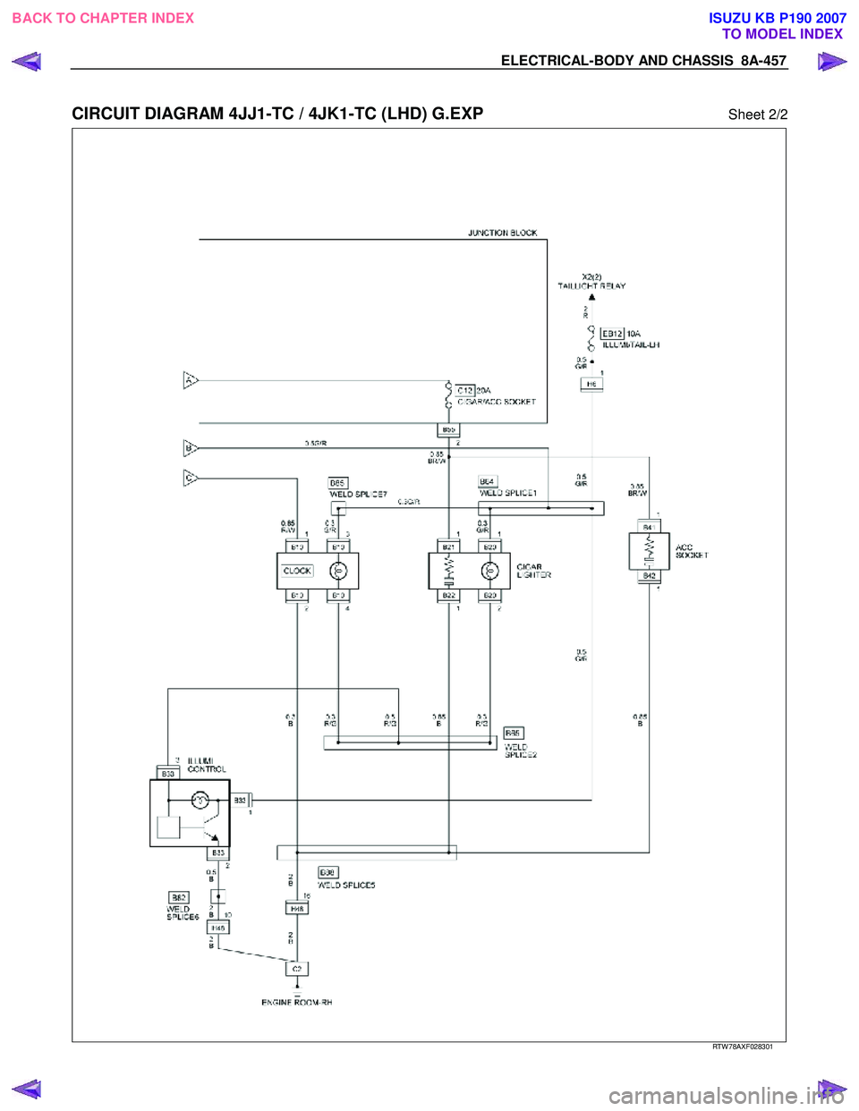 ISUZU KB P190 2007  Workshop Repair Manual ELECTRICAL-BODY AND CHASSIS  8A-457 
 
CIRCUIT DIAGRAM 4JJ1-TC / 4JK1-TC (LHD) G.EXP Sheet 2/2 
   
 
 
 
 
 
 
 
RTW 78AXF028301 
 
BACK TO CHAPTER INDEX TO MODEL INDEXISUZU KB P190 2007 