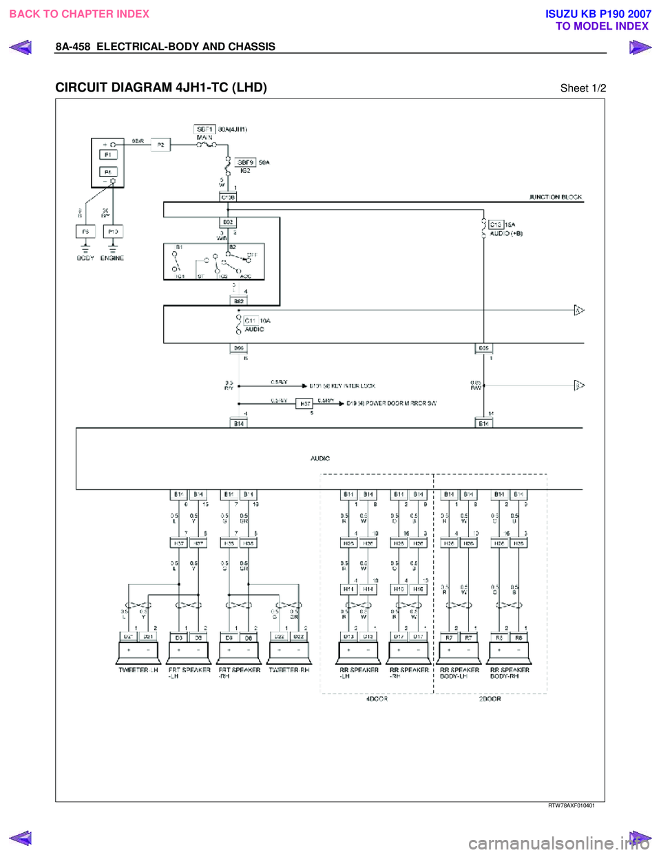 ISUZU KB P190 2007  Workshop Repair Manual 8A-458  ELECTRICAL-BODY AND CHASSIS 
 
CIRCUIT DIAGRAM 4JH1-TC (LHD) Sheet 1/2 
   
 
 
 
RTW 78AXF010401 
 
BACK TO CHAPTER INDEX TO MODEL INDEXISUZU KB P190 2007 