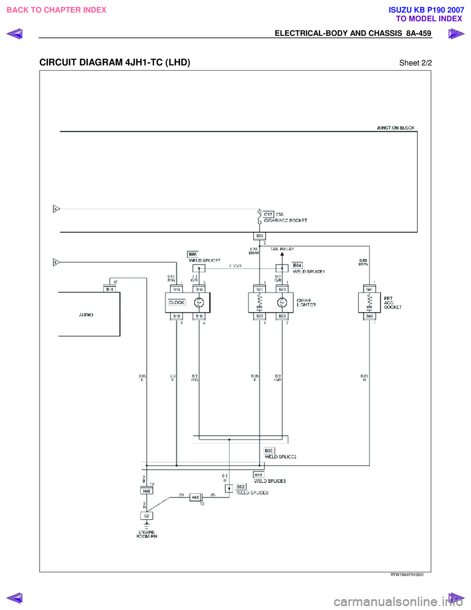 ISUZU KB P190 2007  Workshop Repair Manual ELECTRICAL-BODY AND CHASSIS  8A-459 
 
CIRCUIT DIAGRAM 4JH1-TC (LHD) Sheet 2/2 
   
 
 
 
 
 
 
 
RTW 78AXF010501 
 
BACK TO CHAPTER INDEX TO MODEL INDEXISUZU KB P190 2007 