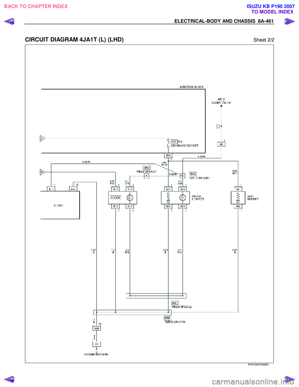 ISUZU KB P190 2007  Workshop Repair Manual ELECTRICAL-BODY AND CHASSIS  8A-461 
 
CIRCUIT DIAGRAM 4JA1T (L) (LHD) Sheet 2/2 
   
 
 
 
 
 
 
 
 
RTW 78AXF006801 
 
BACK TO CHAPTER INDEX TO MODEL INDEXISUZU KB P190 2007 