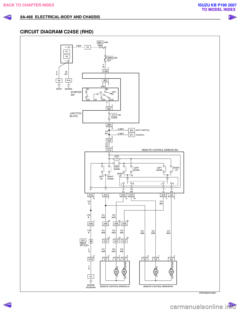 ISUZU KB P190 2007  Workshop Repair Manual 8A-466  ELECTRICAL-BODY AND CHASSIS 
 
CIRCUIT DIAGRAM C24SE (RHD) 
  
  
RTW 780XF014301 
 
BACK TO CHAPTER INDEX
TO MODEL INDEXISUZU KB P190 2007 