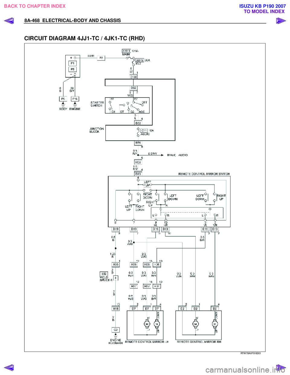 ISUZU KB P190 2007  Workshop Repair Manual 8A-468  ELECTRICAL-BODY AND CHASSIS 
 
CIRCUIT DIAGRAM 4JJ1-TC / 4JK1-TC (RHD) 
  
  
RTW 78AXF018301 
 
 
BACK TO CHAPTER INDEX TO MODEL INDEXISUZU KB P190 2007 