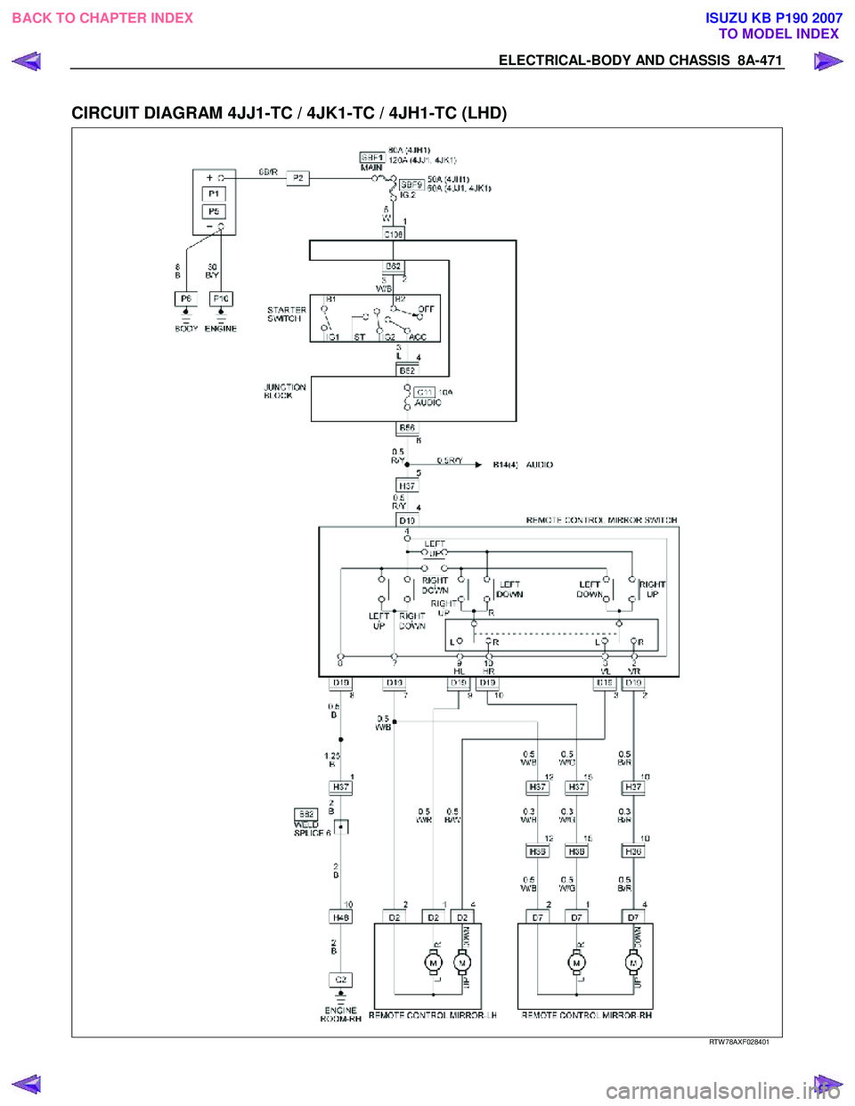 ISUZU KB P190 2007  Workshop Repair Manual ELECTRICAL-BODY AND CHASSIS  8A-471 
 
CIRCUIT DIAGRAM 4JJ1-TC / 4JK1-TC / 4JH1-TC (LHD) 
  
  
RTW 78AXF028401 
 
BACK TO CHAPTER INDEX
TO MODEL INDEXISUZU KB P190 2007 