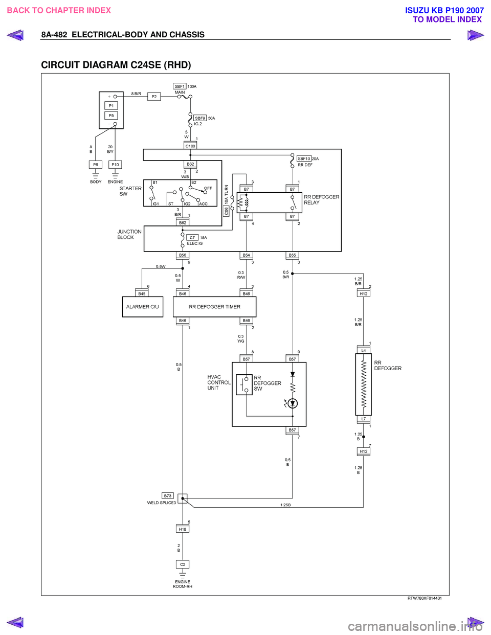 ISUZU KB P190 2007  Workshop Repair Manual 8A-482  ELECTRICAL-BODY AND CHASSIS 
 
CIRCUIT DIAGRAM C24SE (RHD) 
  
  
RTW 780XF014401 
 
BACK TO CHAPTER INDEX
TO MODEL INDEXISUZU KB P190 2007 