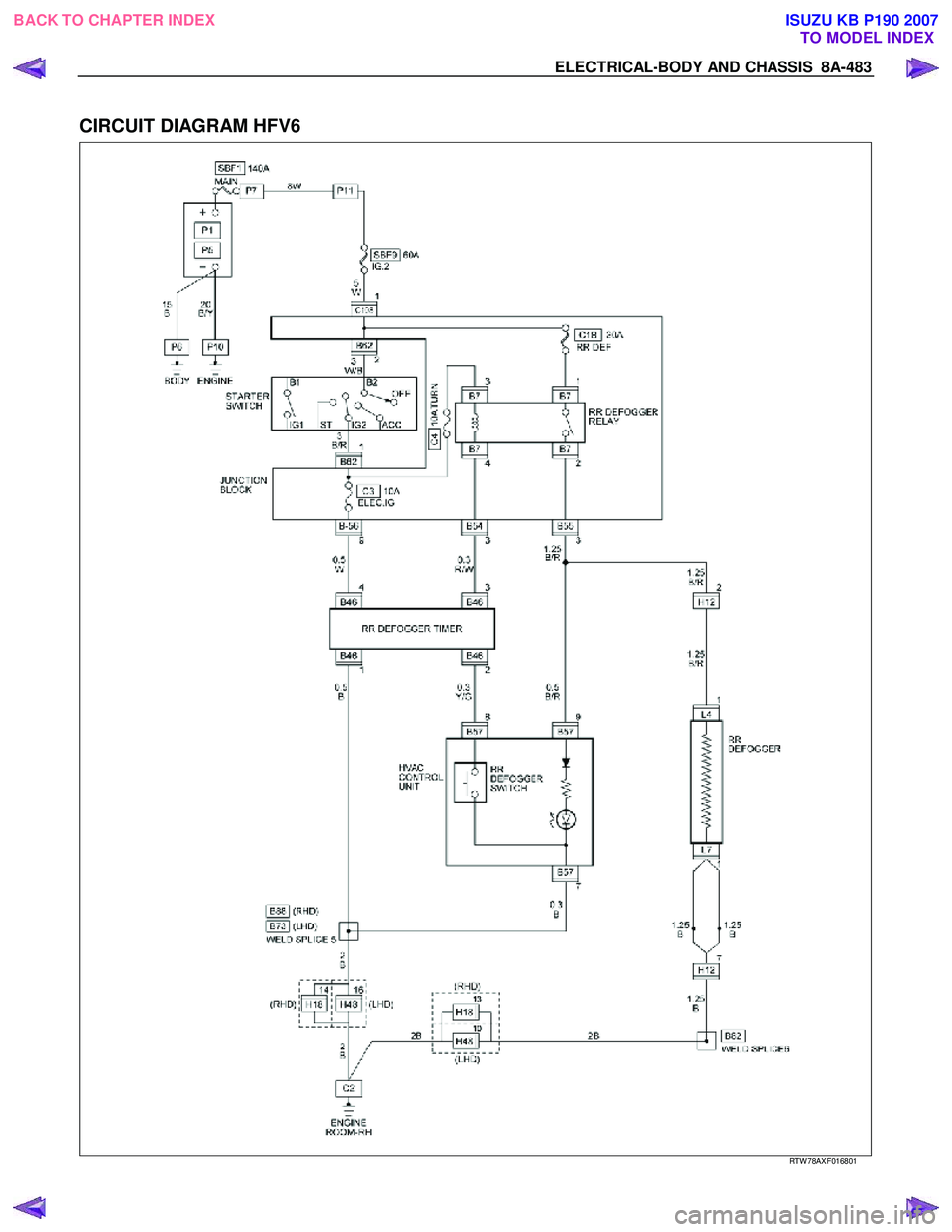ISUZU KB P190 2007  Workshop Repair Manual ELECTRICAL-BODY AND CHASSIS  8A-483 
 
CIRCUIT DIAGRAM HFV6 
  
  
RTW 78AXF016801 
 
BACK TO CHAPTER INDEX TO MODEL INDEXISUZU KB P190 2007 