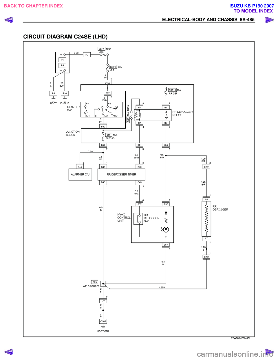ISUZU KB P190 2007  Workshop Repair Manual ELECTRICAL-BODY AND CHASSIS  8A-485 
 
CIRCUIT DIAGRAM C24SE (LHD) 
  
  
RTW 780XF014501 
 
BACK TO CHAPTER INDEX
TO MODEL INDEXISUZU KB P190 2007 