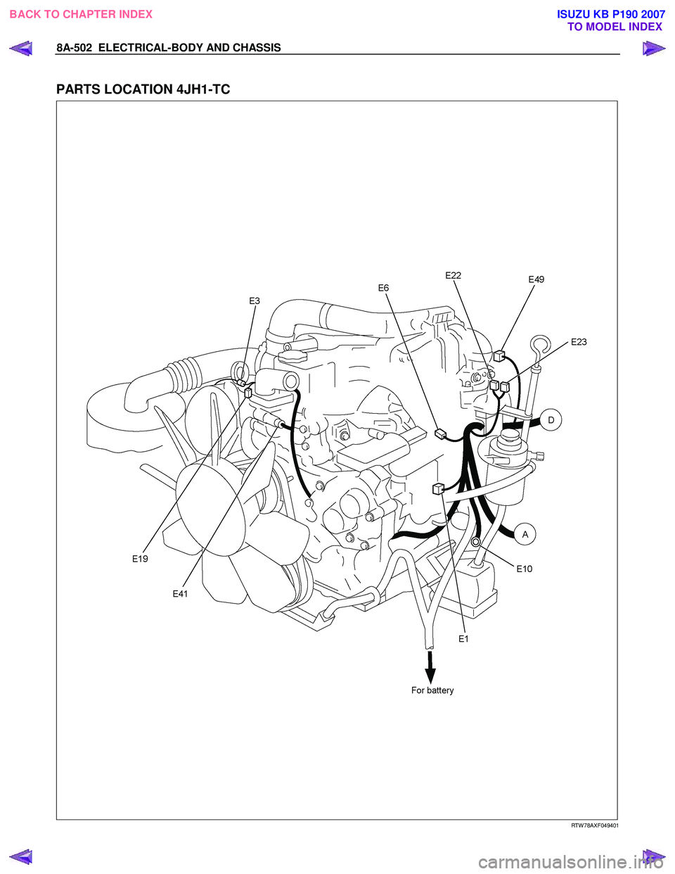 ISUZU KB P190 2007  Workshop Repair Manual 8A-502  ELECTRICAL-BODY AND CHASSIS 
 
PARTS LOCATION 4JH1-TC 
   
 
 
 
 
 
 
 
 
 
 
 
 
 
 
RTW 78AXF049401 
 
BACK TO CHAPTER INDEX TO MODEL INDEXISUZU KB P190 2007 