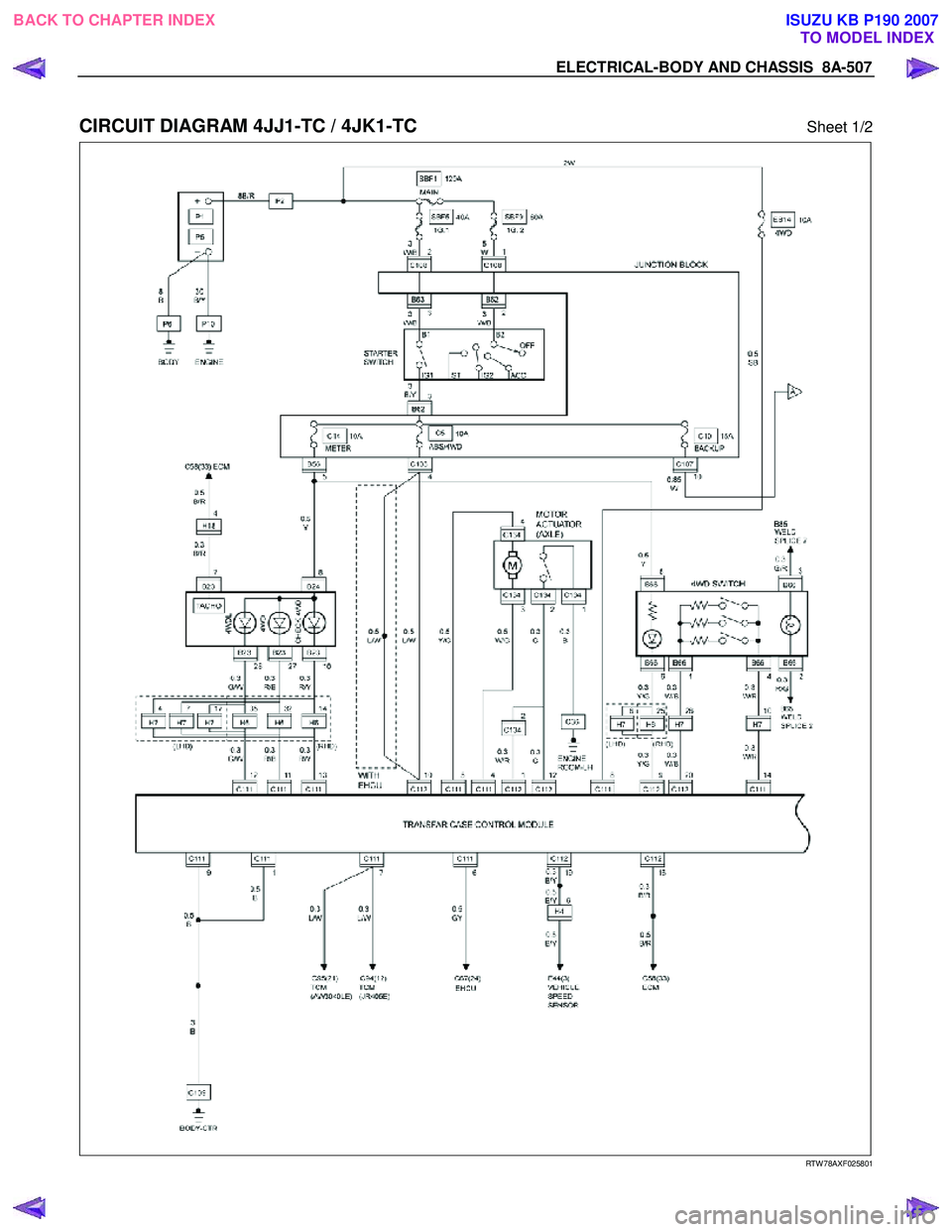ISUZU KB P190 2007  Workshop Repair Manual ELECTRICAL-BODY AND CHASSIS  8A-507 
 
CIRCUIT DIAGRAM 4JJ1-TC / 4JK1-TC  Sheet 1/2 
  
  
RTW 78AXF025801 
 
BACK TO CHAPTER INDEX TO MODEL INDEXISUZU KB P190 2007 