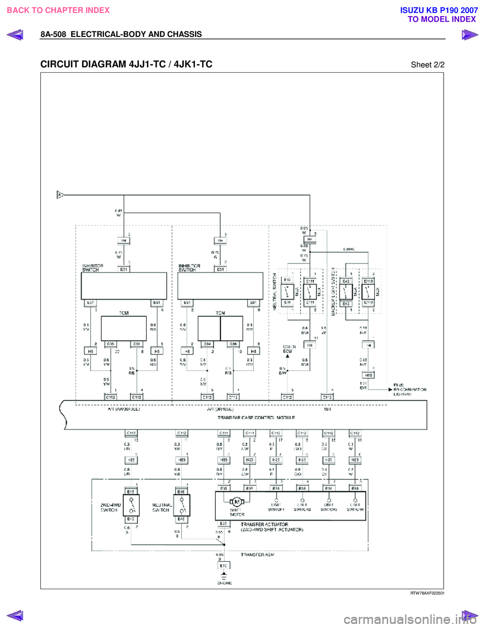 ISUZU KB P190 2007  Workshop Repair Manual 8A-508  ELECTRICAL-BODY AND CHASSIS 
 
CIRCUIT DIAGRAM 4JJ1-TC / 4JK1-TC  Sheet 2/2 
   
 
 
 
 
 
 
 
 
 
 
 
 
 
 
 
 
 
 
 
 
   
RTW 78AXF022501 
 
BACK TO CHAPTER INDEX
TO MODEL INDEXISUZU KB P19