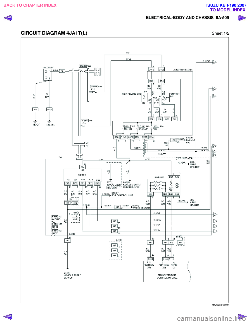 ISUZU KB P190 2007  Workshop Repair Manual ELECTRICAL-BODY AND CHASSIS  8A-509 
 
CIRCUIT DIAGRAM 4JA1T(L)  Sheet 1/2 
   
 
 
 
 
 
 
RTW 78AXF008901 
 
BACK TO CHAPTER INDEX TO MODEL INDEXISUZU KB P190 2007 