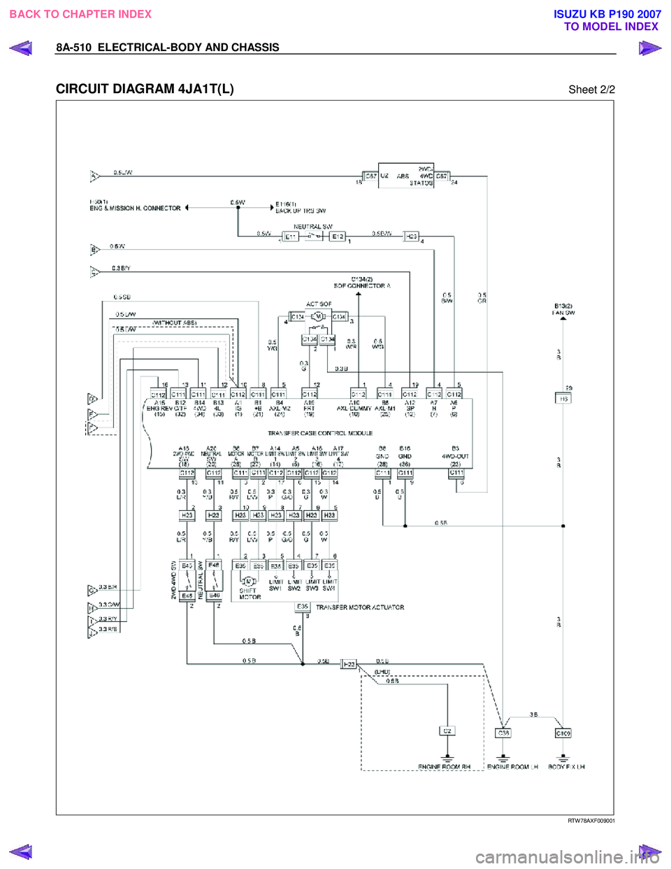 ISUZU KB P190 2007  Workshop Repair Manual 8A-510  ELECTRICAL-BODY AND CHASSIS 
 
CIRCUIT DIAGRAM 4JA1T(L) Sheet 2/2 
   
 
 
 
 
 
 
 
 
 
RTW 78AXF009001 
 
BACK TO CHAPTER INDEX TO MODEL INDEXISUZU KB P190 2007 