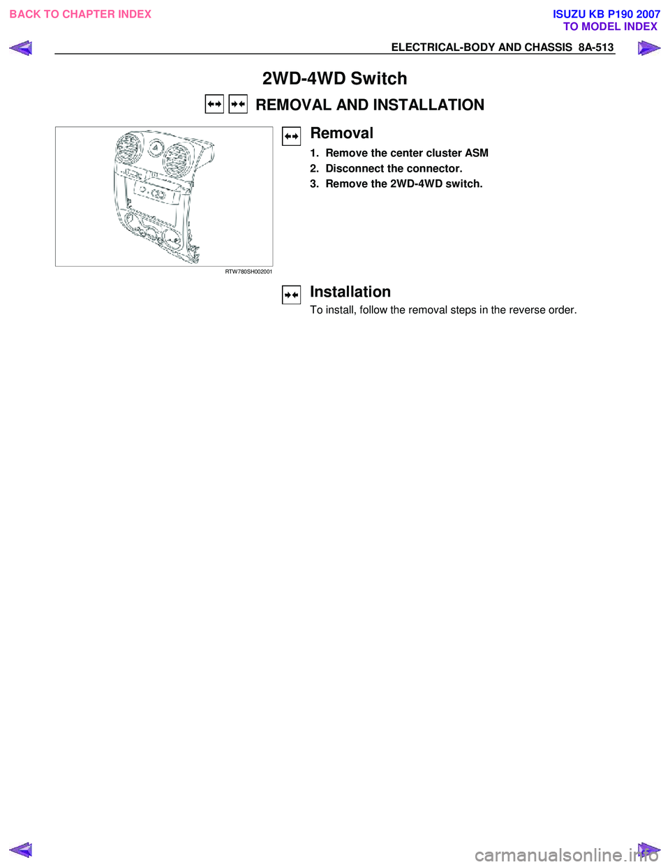 ISUZU KB P190 2007  Workshop Repair Manual ELECTRICAL-BODY AND CHASSIS  8A-513 
2WD-4WD Switch 
    REMOVAL AND INSTALLATION  
  
 RTW 780SH002001 
 
Removal 
1.  Remove the center cluster ASM  
2.  Disconnect the connector. 
3.  Remove the 2W