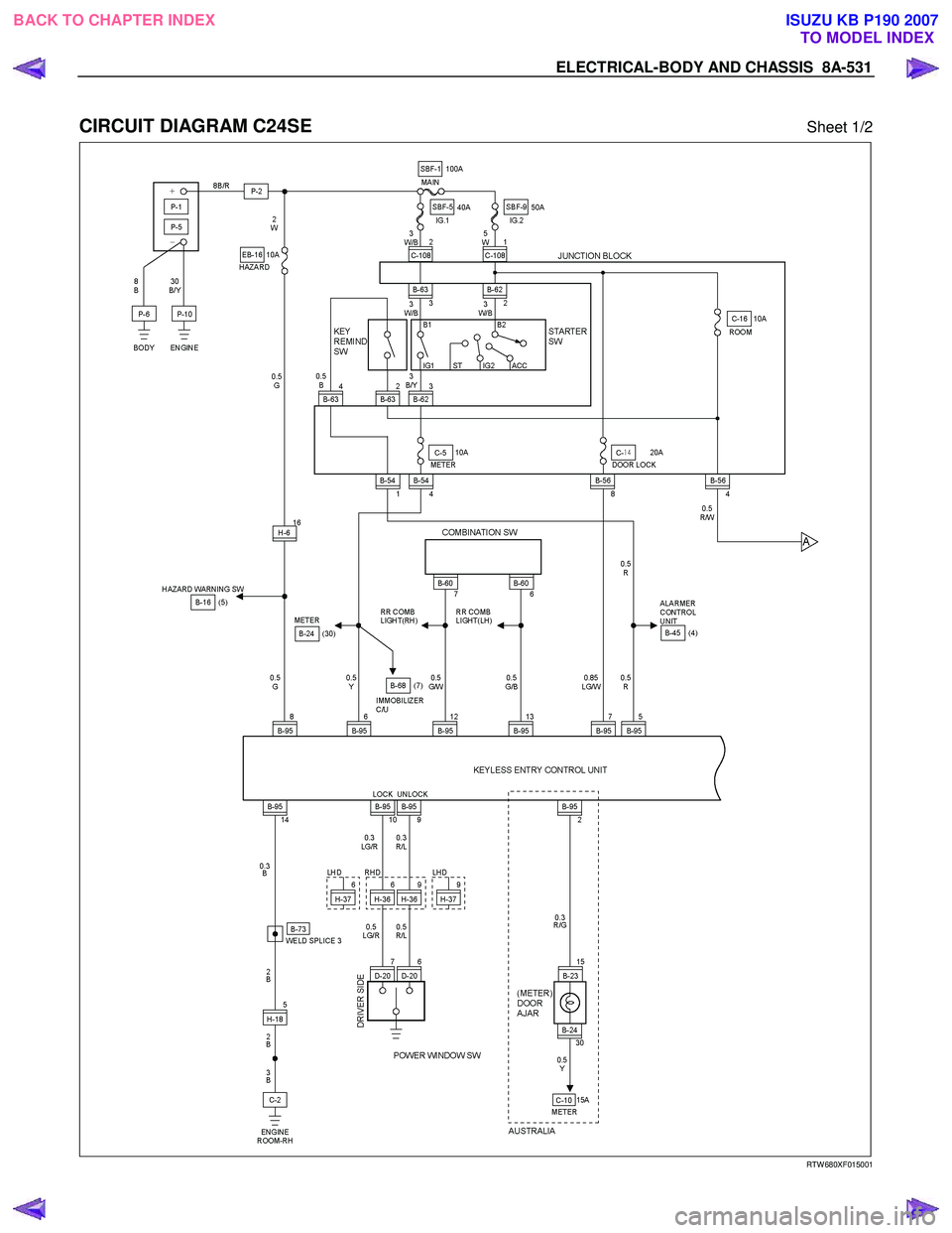 ISUZU KB P190 2007  Workshop Repair Manual ELECTRICAL-BODY AND CHASSIS  8A-531 
 
CIRCUIT DIAGRAM C24SE Sheet 1/2 
  
  
RTW 680XF015001 
 
BACK TO CHAPTER INDEX
TO MODEL INDEXISUZU KB P190 2007 