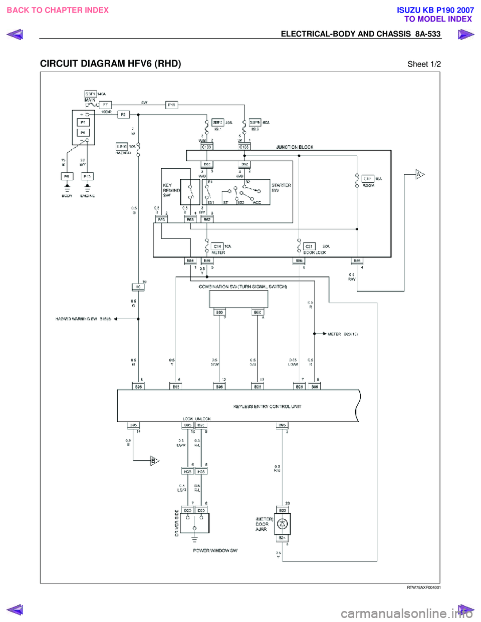 ISUZU KB P190 2007  Workshop Repair Manual ELECTRICAL-BODY AND CHASSIS  8A-533 
 
CIRCUIT DIAGRAM HFV6 (RHD) Sheet 1/2 
   
 
 
 
 
RTW 78AXF004001 
 
BACK TO CHAPTER INDEX TO MODEL INDEXISUZU KB P190 2007 