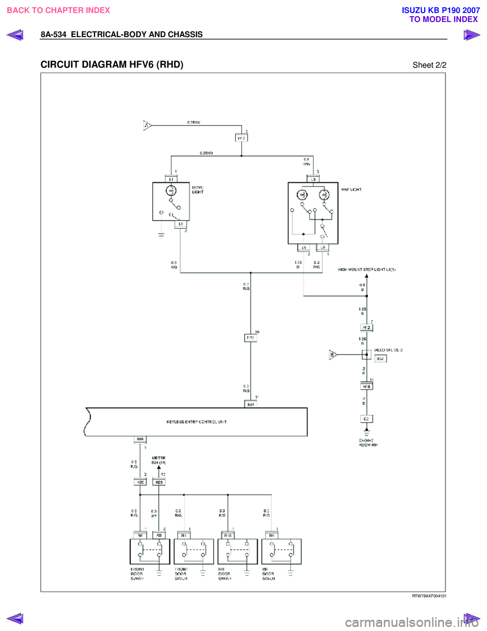 ISUZU KB P190 2007  Workshop Repair Manual 8A-534  ELECTRICAL-BODY AND CHASSIS 
 
CIRCUIT DIAGRAM HFV6 (RHD) Sheet 2/2 
   
 
 
 
 
 
 
RTW 78AXF004101 
 
BACK TO CHAPTER INDEX TO MODEL INDEXISUZU KB P190 2007 