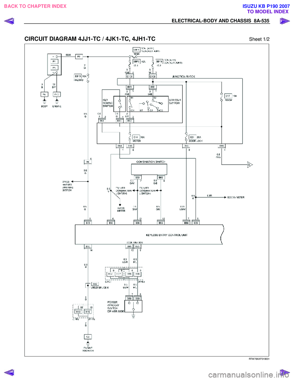 ISUZU KB P190 2007  Workshop Repair Manual ELECTRICAL-BODY AND CHASSIS  8A-535 
 
CIRCUIT DIAGRAM 4JJ1-TC / 4JK1-TC, 4JH1-TC Sheet 1/2 
 
  
RTW 78AXF019001 
 
BACK TO CHAPTER INDEX
TO MODEL INDEXISUZU KB P190 2007 
