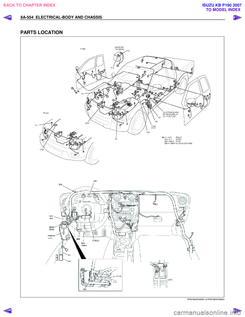 ISUZU KB P190 2007  Workshop Repair Manual 8A-554  ELECTRICAL-BODY AND CHASSIS 
 
PARTS LOCATION 
   
 
 
 
 
 
 
RTW 78AXF042201 & RTW 78AXF048401 
 
BACK TO CHAPTER INDEX TO MODEL INDEXISUZU KB P190 2007 