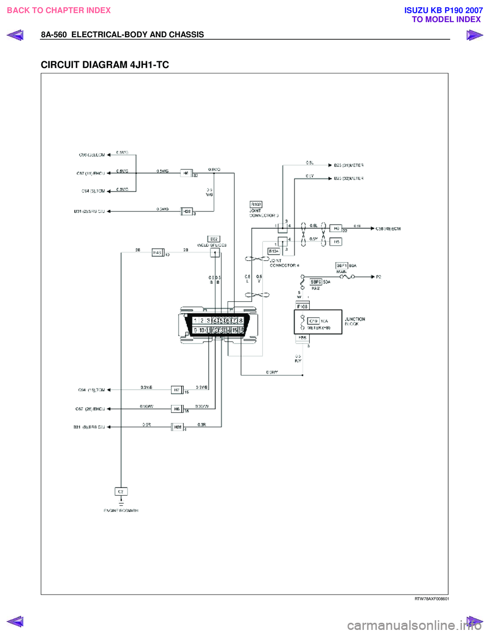 ISUZU KB P190 2007  Workshop Repair Manual 8A-560  ELECTRICAL-BODY AND CHASSIS 
 
CIRCUIT DIAGRAM 4JH1-TC 
   
 
 
 
 
 
 
 
 
 
RTW 78AXF008601 
 
BACK TO CHAPTER INDEX TO MODEL INDEXISUZU KB P190 2007 