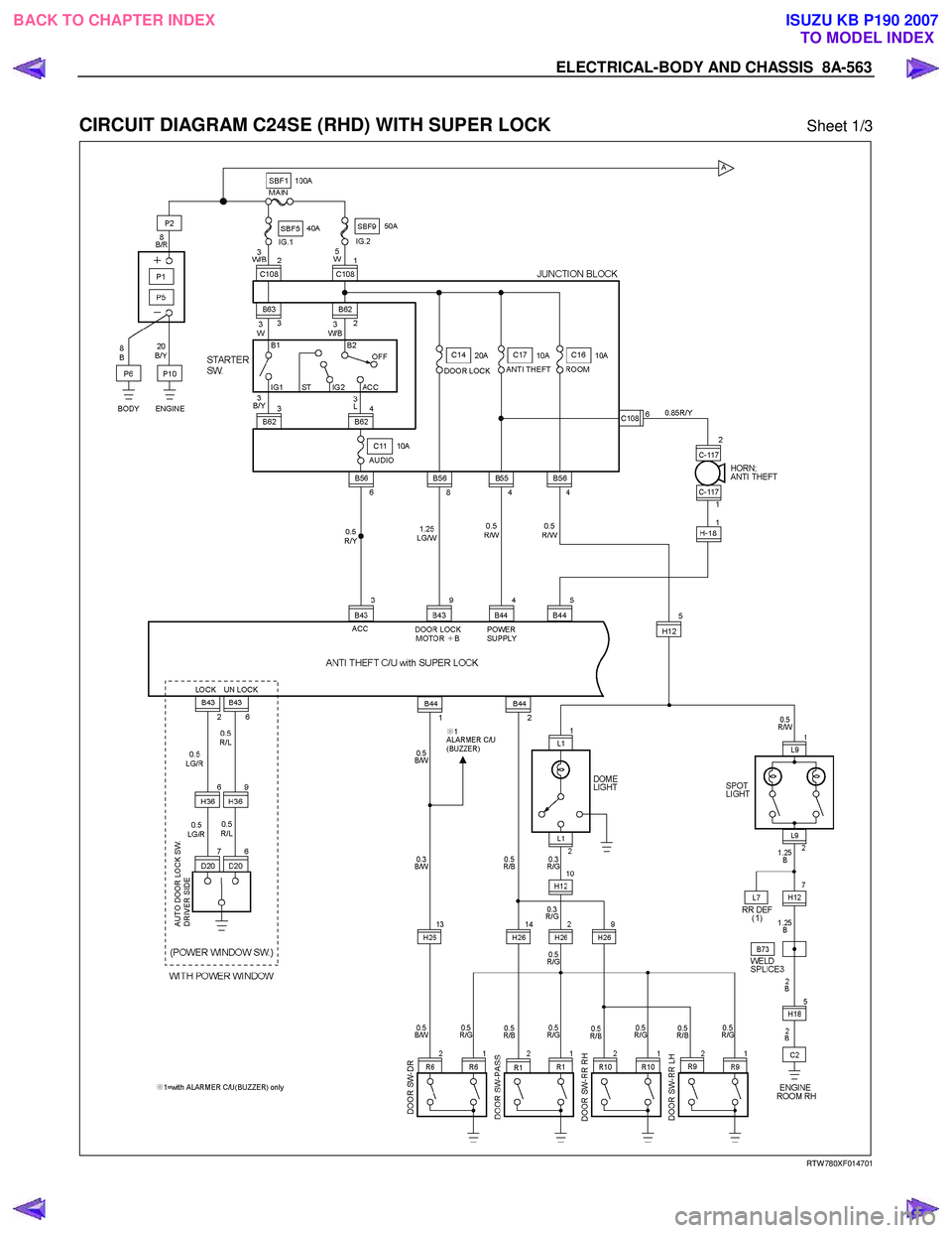 ISUZU KB P190 2007  Workshop Repair Manual ELECTRICAL-BODY AND CHASSIS  8A-563 
 
CIRCUIT DIAGRAM C24SE (RHD) WITH SUPER LOCK Sheet 1/3 
  
  
RTW 780XF014701 
 
BACK TO CHAPTER INDEX
TO MODEL INDEXISUZU KB P190 2007 