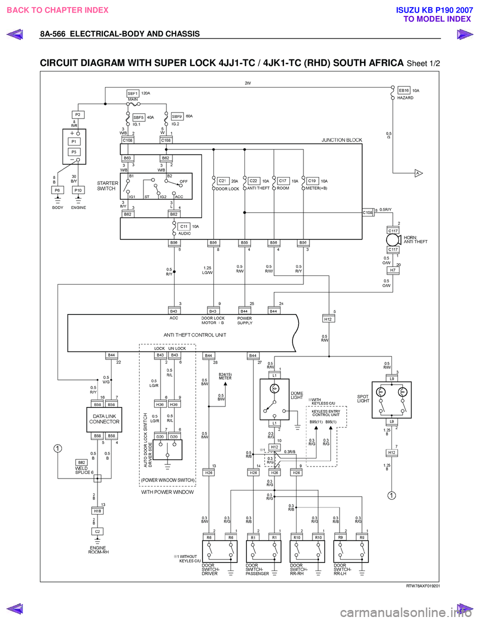 ISUZU KB P190 2007  Workshop Repair Manual 8A-566  ELECTRICAL-BODY AND CHASSIS 
 
CIRCUIT DIAGRAM WITH SUPER LOCK 4JJ1-TC / 4JK1-TC (RHD) SOUTH AFRICA Sheet 1/2 
  
  
RTW 78AXF019201 
 
BACK TO CHAPTER INDEX
TO MODEL INDEXISUZU KB P190 2007 