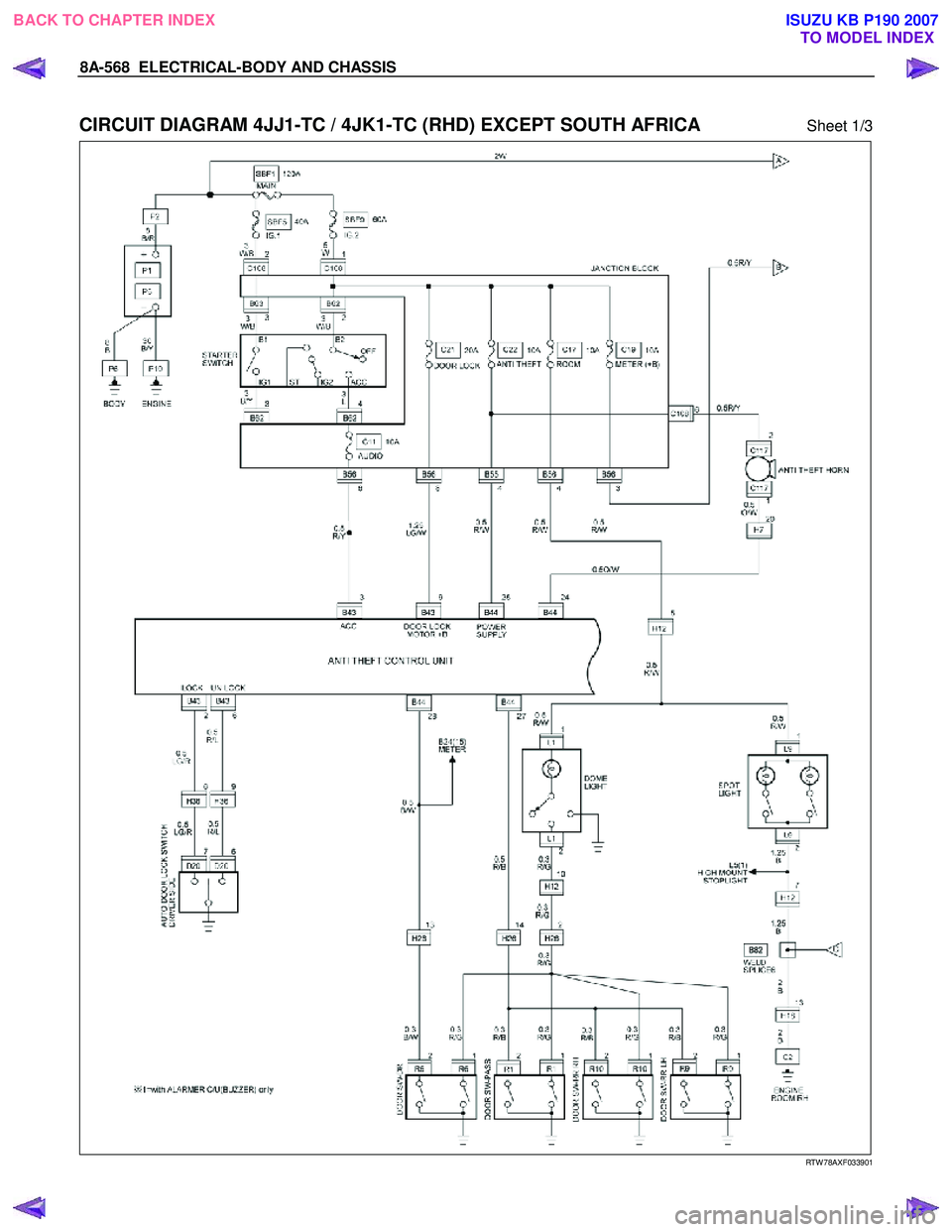 ISUZU KB P190 2007  Workshop Repair Manual 8A-568  ELECTRICAL-BODY AND CHASSIS 
 
CIRCUIT DIAGRAM 4JJ1-TC / 4JK1-TC (RHD) EXCEPT SOUTH AFRICA Sheet 1/3 
 
  
RTW 78AXF033901 
 
BACK TO CHAPTER INDEX
TO MODEL INDEXISUZU KB P190 2007 