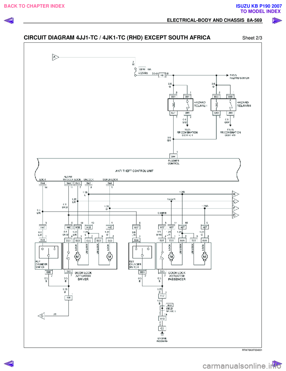 ISUZU KB P190 2007  Workshop Repair Manual ELECTRICAL-BODY AND CHASSIS  8A-569 
 
CIRCUIT DIAGRAM 4JJ1-TC / 4JK1-TC (RHD) EXCEPT SOUTH AFRICA Sheet 2/3 
  
  
 
   
RTW 78AXF034001 
 
BACK TO CHAPTER INDEX
TO MODEL INDEXISUZU KB P190 2007 