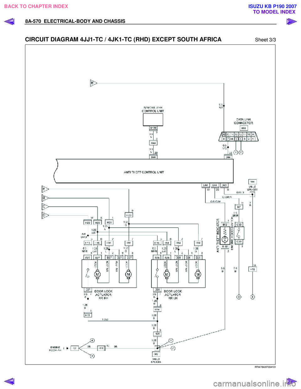 ISUZU KB P190 2007  Workshop Repair Manual 8A-570  ELECTRICAL-BODY AND CHASSIS 
 
CIRCUIT DIAGRAM 4JJ1-TC / 4JK1-TC (RHD) EXCEPT SOUTH AFRICA Sheet 3/3 
  
  
 
 
 
 
 
 RTW 78AXF034101 
 
BACK TO CHAPTER INDEX TO MODEL INDEXISUZU KB P190 2007