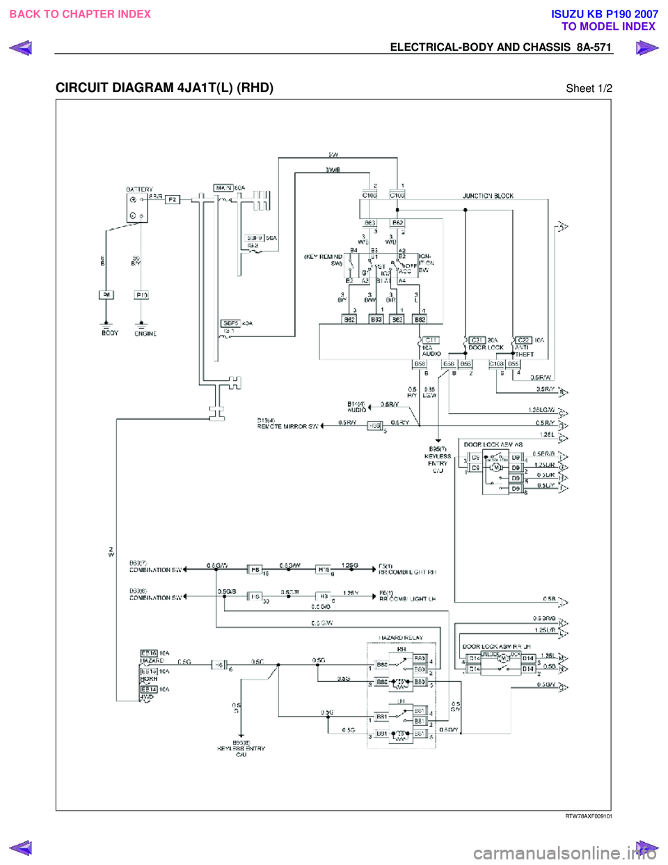 ISUZU KB P190 2007  Workshop Repair Manual ELECTRICAL-BODY AND CHASSIS  8A-571 
 
CIRCUIT DIAGRAM 4JA1T(L) (RHD) Sheet 1/2 
  
  
 
 
 
 
 
 
 
   
RTW 78AXF009101 
 
BACK TO CHAPTER INDEX
TO MODEL INDEXISUZU KB P190 2007 