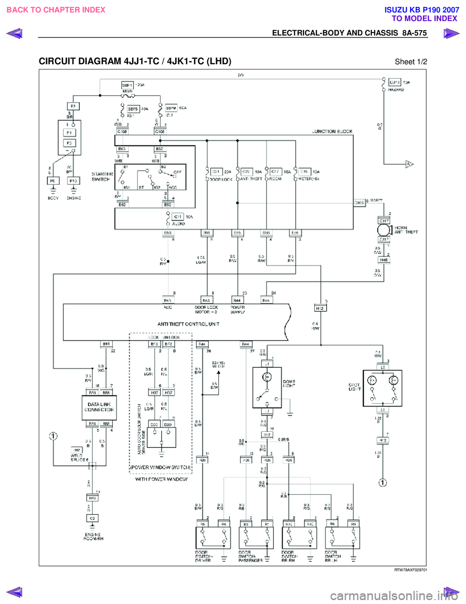 ISUZU KB P190 2007  Workshop Repair Manual ELECTRICAL-BODY AND CHASSIS  8A-575 
 
CIRCUIT DIAGRAM 4JJ1-TC / 4JK1-TC (LHD) Sheet 1/2 
  
 
   
RTW 78AXF029701 
 
BACK TO CHAPTER INDEX
TO MODEL INDEXISUZU KB P190 2007 