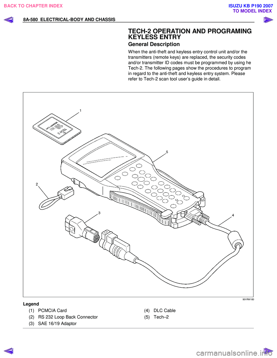 ISUZU KB P190 2007  Workshop Repair Manual 8A-580  ELECTRICAL-BODY AND CHASSIS 
  TECH-2 OPERATION AND PROGRAMING  
KEYLESS ENTRY 
General Description 
W hen the anti-theft and keyless entry control unit and/or the  
transmitters (remote keys)