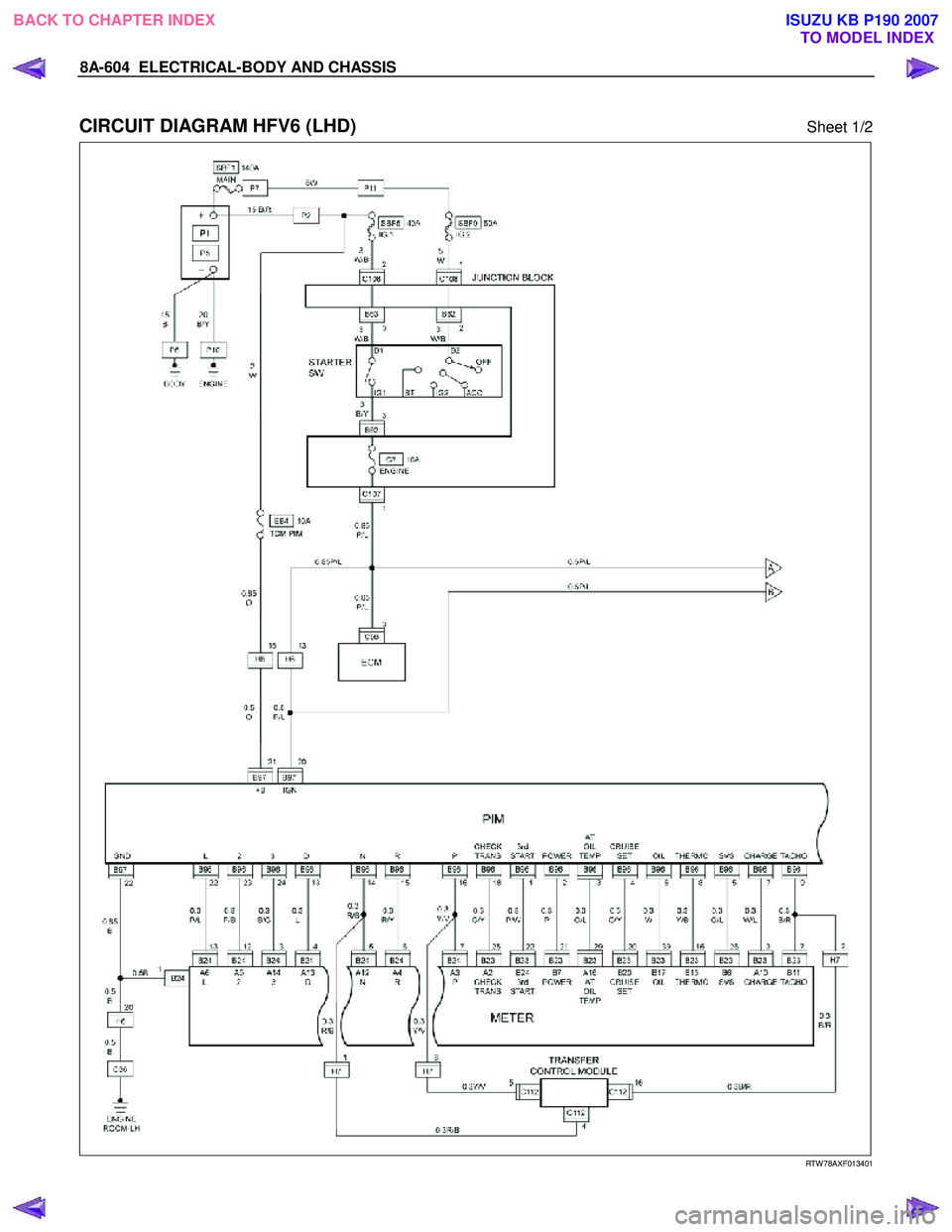 ISUZU KB P190 2007  Workshop Repair Manual 8A-604  ELECTRICAL-BODY AND CHASSIS 
 
CIRCUIT DIAGRAM HFV6 (LHD)  Sheet 1/2 
  
  
RTW 78AXF013401 
 
BACK TO CHAPTER INDEX TO MODEL INDEXISUZU KB P190 2007 