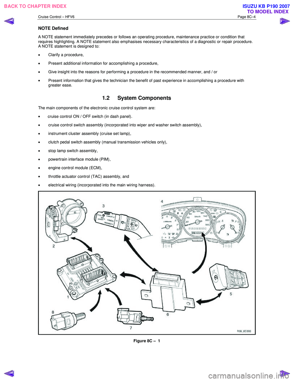 ISUZU KB P190 2007  Workshop Repair Manual Cruise Control – HFV6 Page 8C–4 
NOTE Defined 
A NOTE statement immediately precedes or follows an operating procedure, maintenance practice or condition that  
requires highlighting. A NOTE state