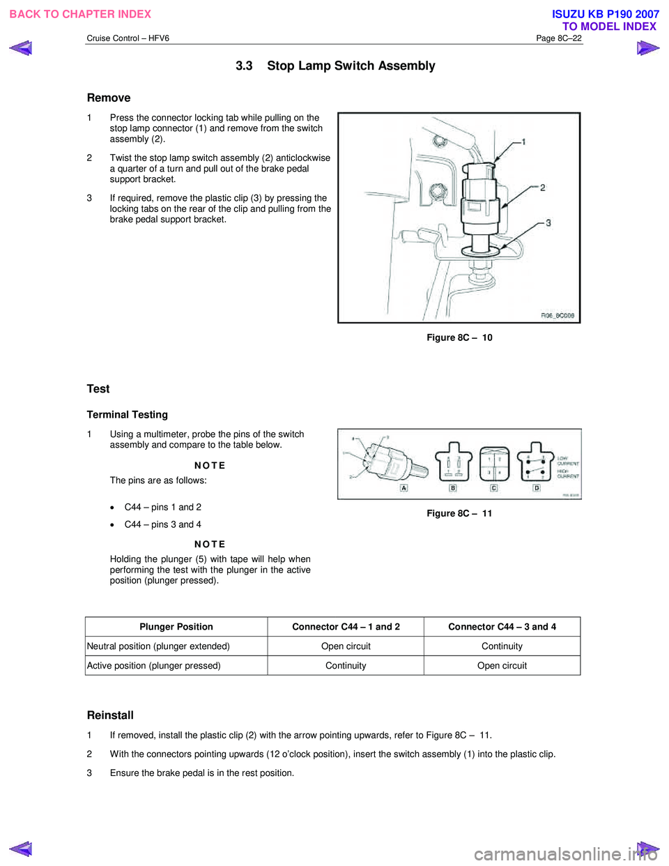 ISUZU KB P190 2007  Workshop Repair Manual Cruise Control – HFV6 Page 8C–22 
 3.3  Stop Lamp Switch Assembly 
Remove 
1  Press the connector locking tab while pulling on the 
stop lamp connector (1) and remove from the switch  
assembly (2