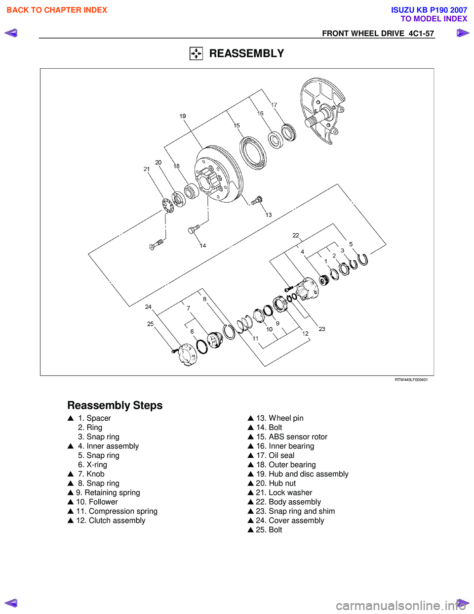 ISUZU KB P190 2007  Workshop Repair Manual FRONT WHEEL DRIVE  4C1-57 
  REASSEMBLY 
  
  
RTW 440LF00040 1 
  
 
Reassembly Steps 
  1 . Spacer 
 2. Ring  
  3. Snap ring 
   4. Inner assembly 
  5. Snap ring 
 6. X-ring 
  7. Knob 
   8. 