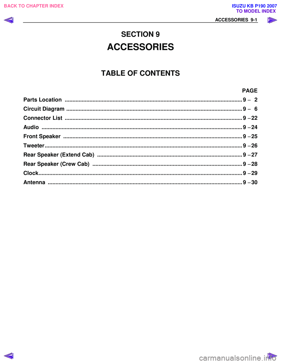ISUZU KB P190 2007  Workshop Repair Manual ACCESSORIES  9-1 
 
SECTION 9 
ACCESSORIES 
TABLE OF CONTENTS 
PAGE 
Parts Location  ................................................................................................................ ..