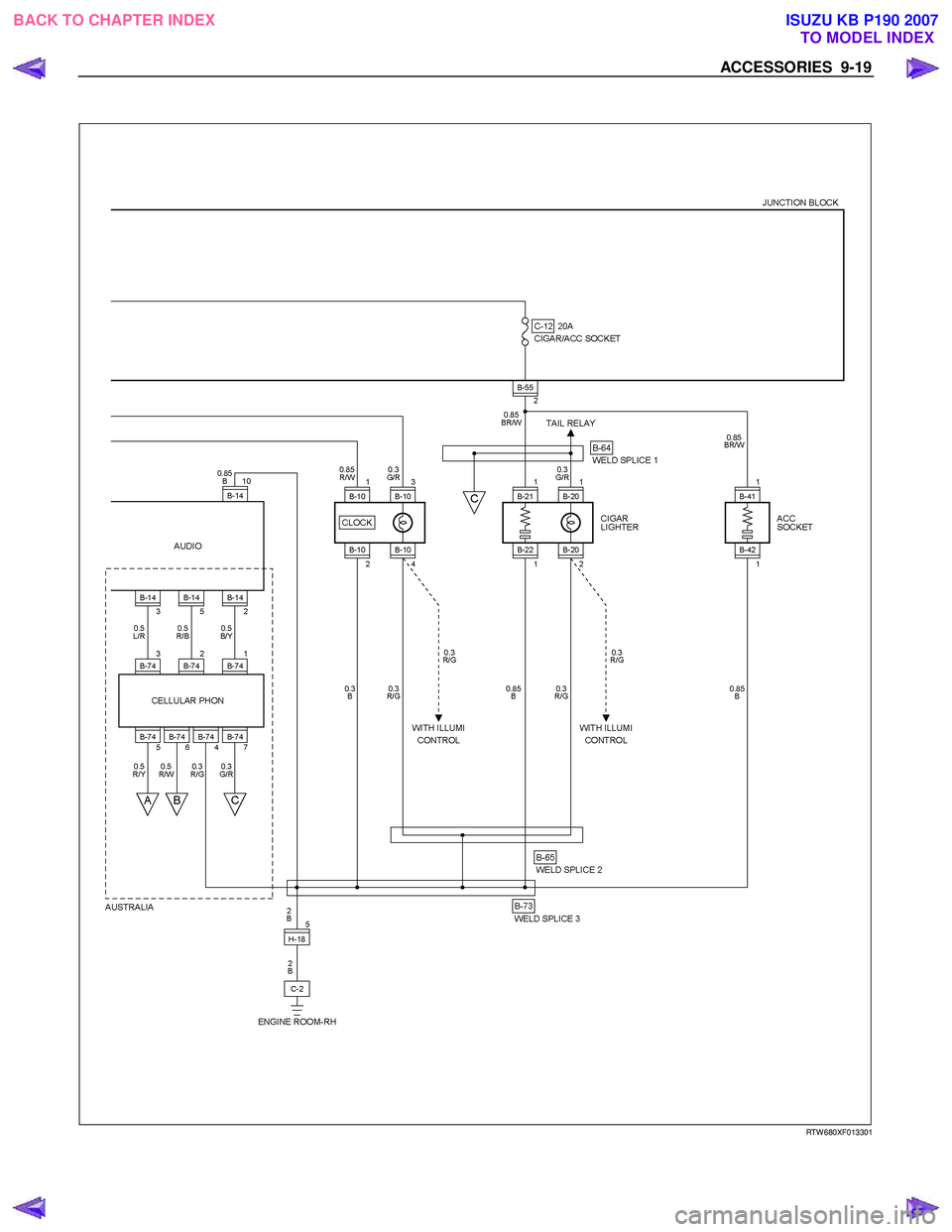 ISUZU KB P190 2007  Workshop Repair Manual ACCESSORIES  9-19 
 
 
   
 
 
 
 
 
RTW 680XF013301 
 
BACK TO CHAPTER INDEX TO MODEL INDEXISUZU KB P190 2007 