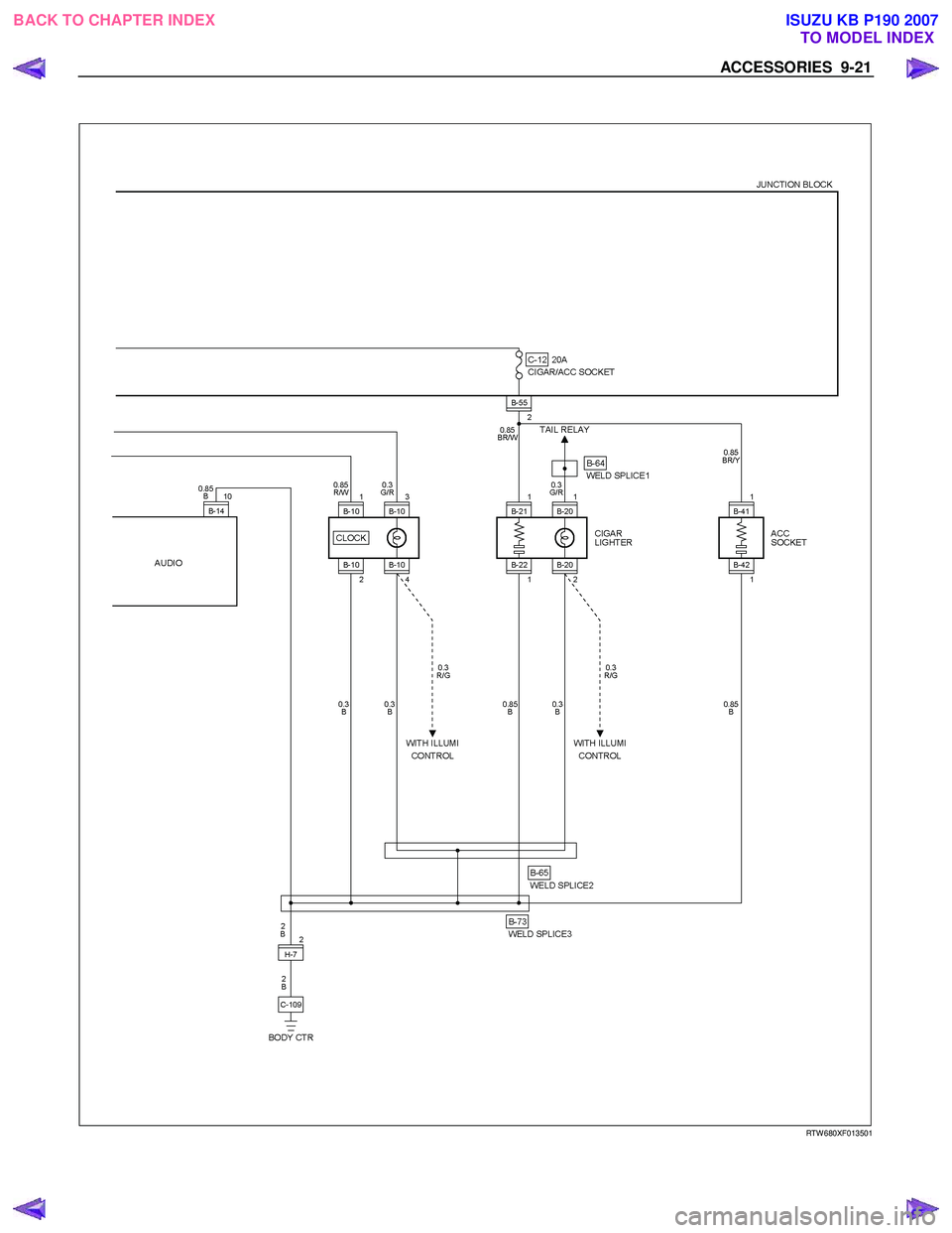 ISUZU KB P190 2007  Workshop Repair Manual ACCESSORIES  9-21 
 
 
   
 
 
 
 
RTW 680XF013501 
 
BACK TO CHAPTER INDEX TO MODEL INDEXISUZU KB P190 2007 