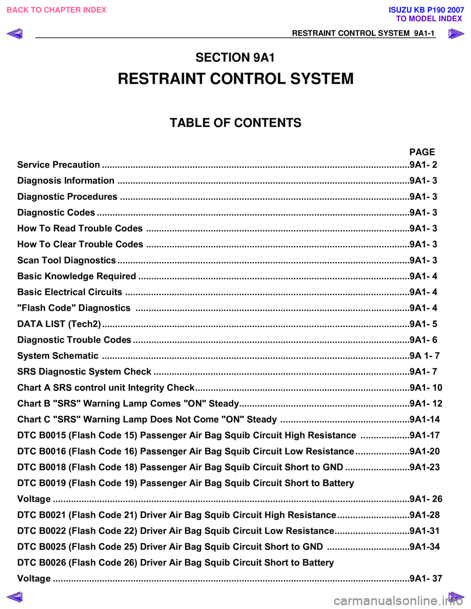 ISUZU KB P190 2007  Workshop Repair Manual RESTRAINT CONTROL SYSTEM  9A1-1 
 
SECTION 9A1 
RESTRAINT CONTROL SYSTEM 
TABLE OF CONTENTS 
 PAGE 
Service Precaution .................................................................................