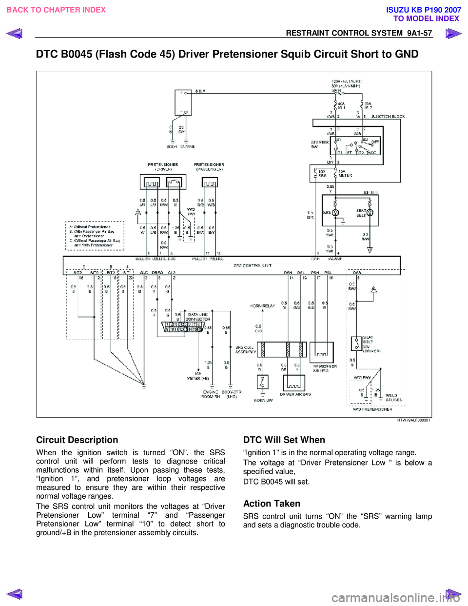 ISUZU KB P190 2007  Workshop Repair Manual RESTRAINT CONTROL SYSTEM  9A1-57 
 
DTC B0045 (Flash Code 45) Driver Pretensioner Squib Circuit Short to GND 
  
 
   
RTW 79ALF000301 
 
Circuit Description 
W hen the ignition switch is turned “ON