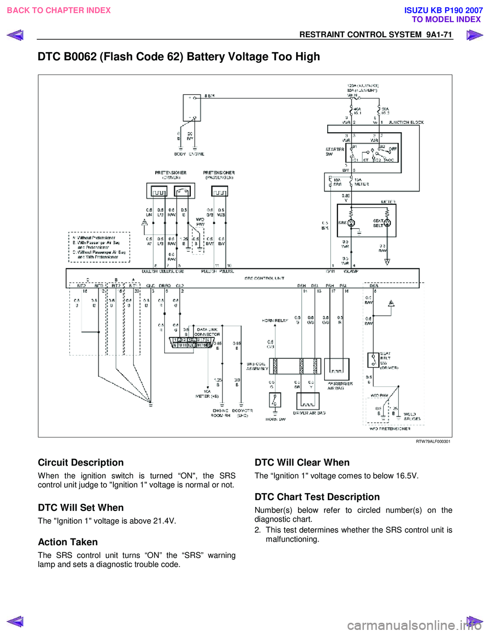 ISUZU KB P190 2007  Workshop Repair Manual RESTRAINT CONTROL SYSTEM  9A1-71 
 
DTC B0062 (Flash Code 62) Battery Voltage Too High 
  
 
   
RTW 79ALF000301 
 
Circuit Description 
W hen the ignition switch is turned “ON", the SRS  
control u
