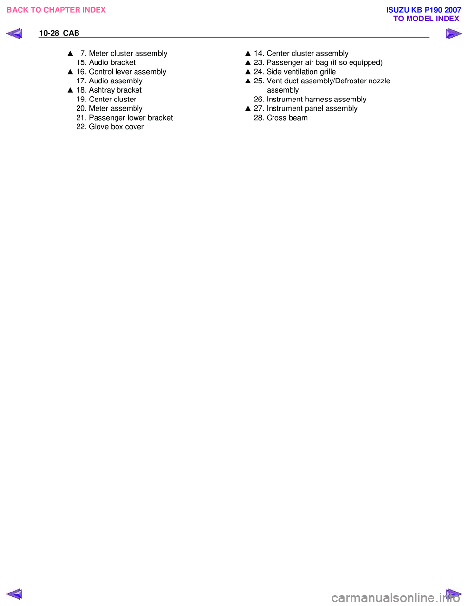 ISUZU KB P190 2007  Workshop Repair Manual 10-28  CAB 
▲  7. Meter cluster assembly  ▲ 14. Center cluster assembly 
  15. Audio bracket  
▲  16. Control lever assembly 
  17. Audio assembly 
▲  18. Ashtray bracket 
  19. Center cluster